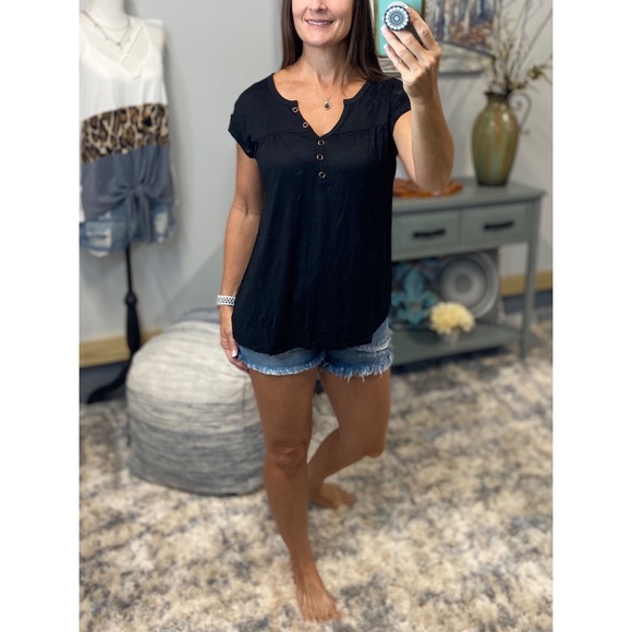 Melange Burnout Henley V-neck Floaty Short Cuffed Tabbed Sleeve Black 3221 - Picture 10 of 13
